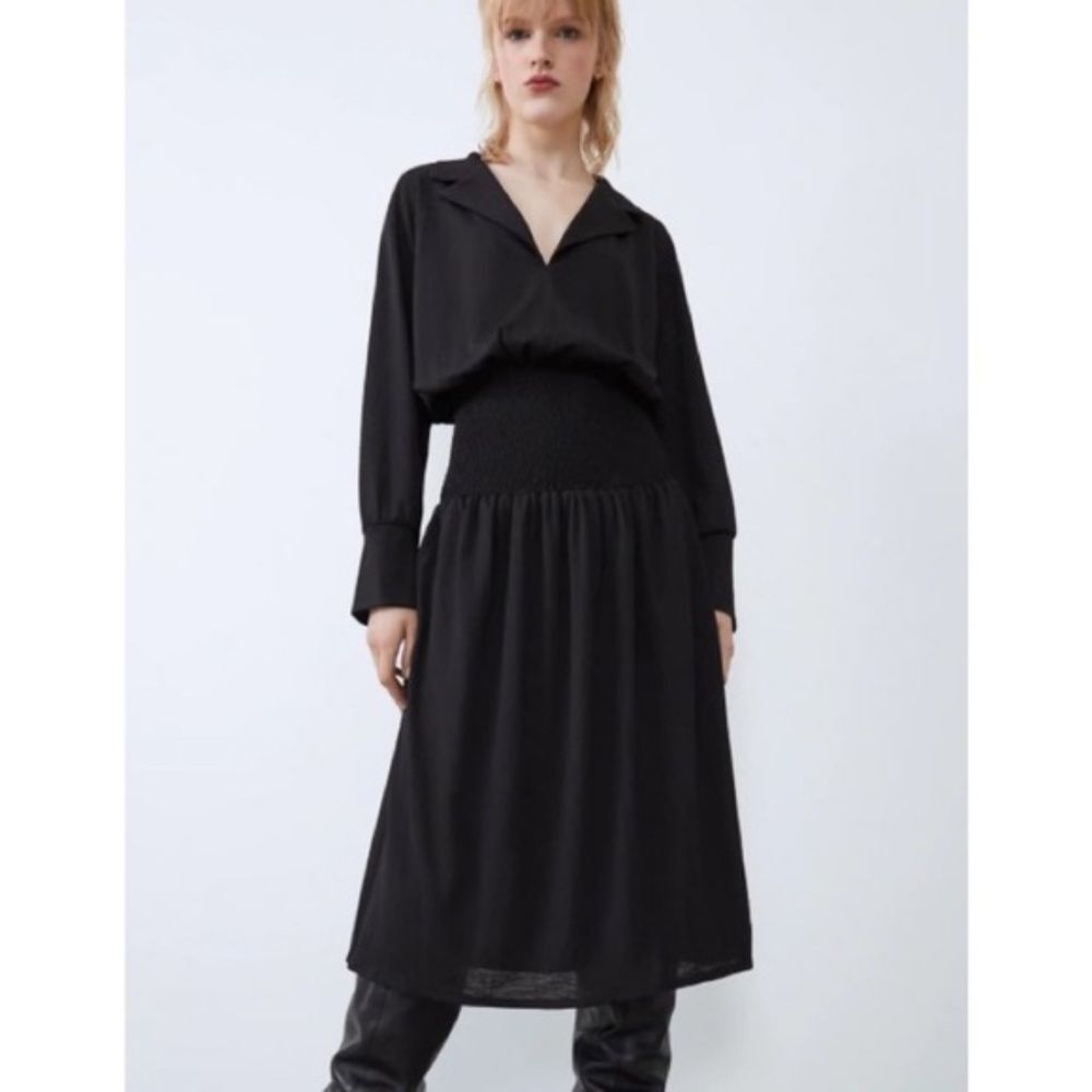 ZARA Black Lapel Collar Elastic Smocked Waist Long Sleeve Shirtdress  - S